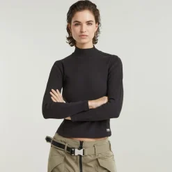Asymmetric zip cropped slim mock ls wmn dk black