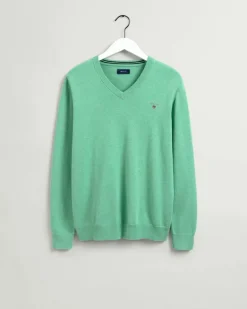 Classic V-Neck Pullover aus Baumwolle ocean green melange