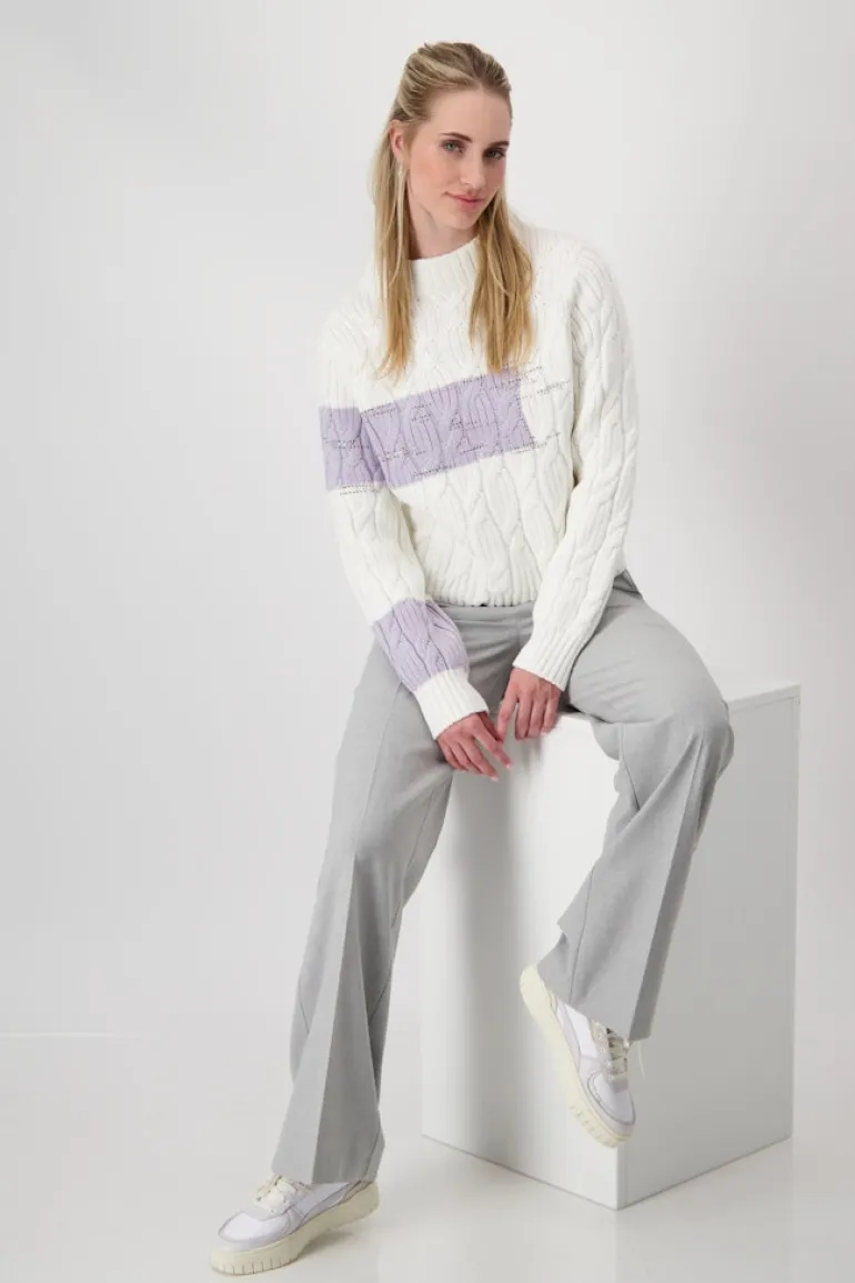 Colourblocking-Pullover mit Zopfmuster off-white