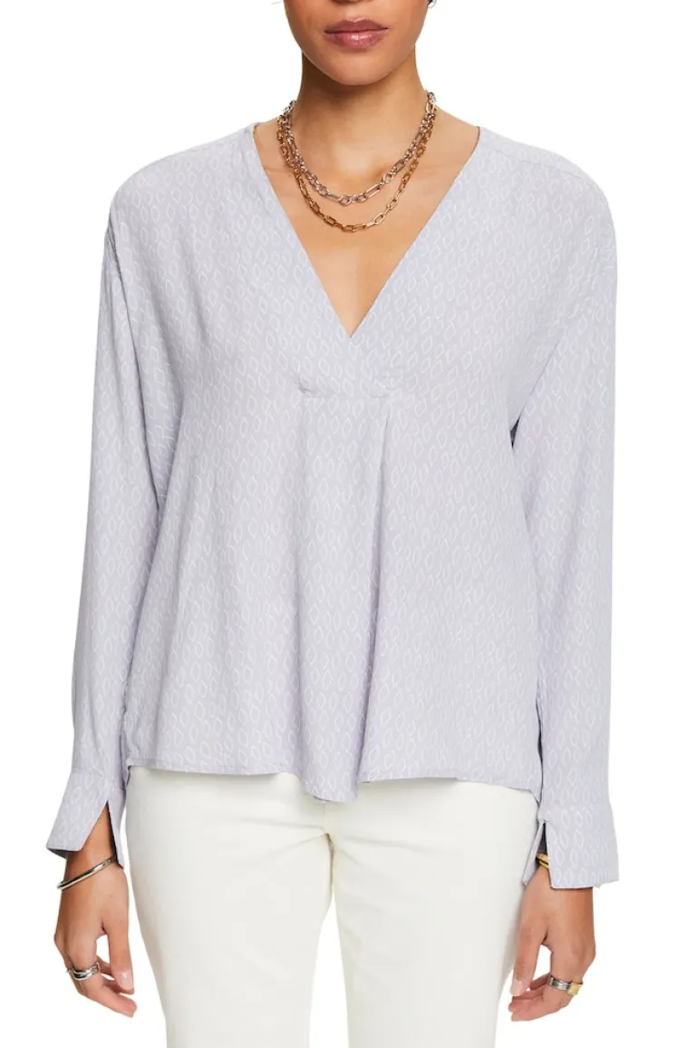Crêpe-Bluse mit V-Ausschnitt und Print light blue lavender