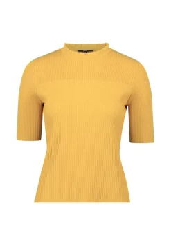 Feinstrickpullover kurzarm mit Rüschenkante oil yellow