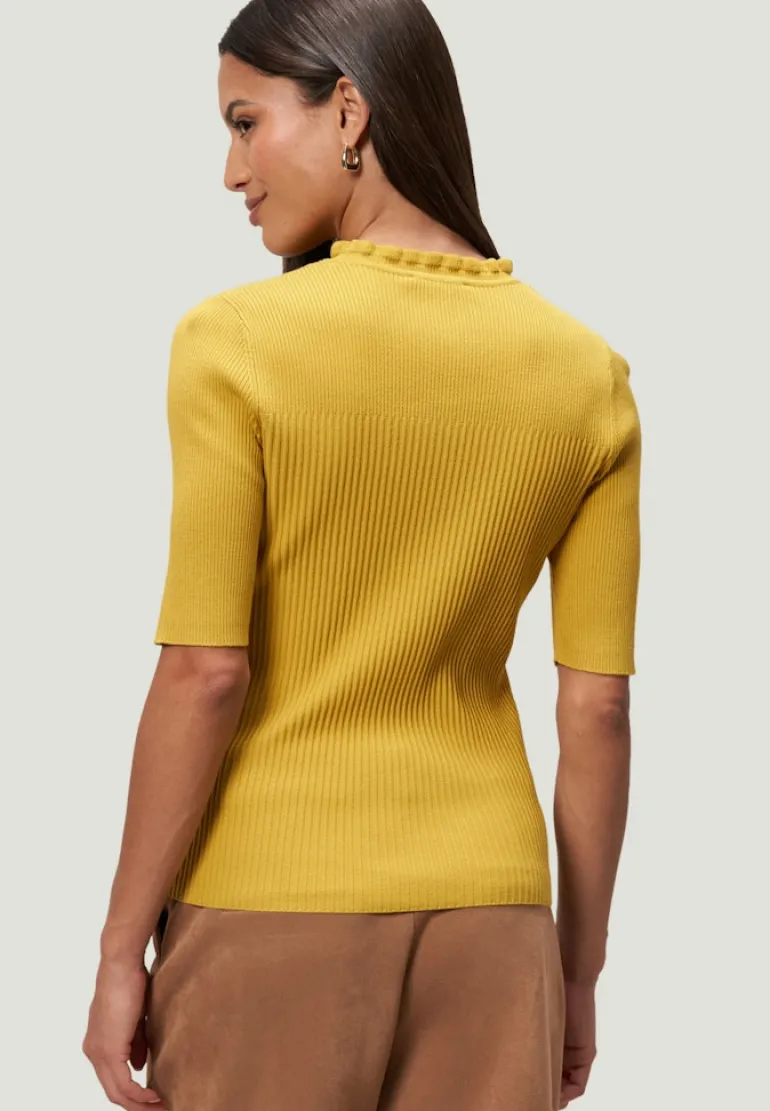 Feinstrickpullover kurzarm mit Rüschenkante oil yellow