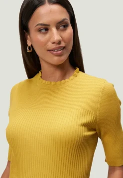 Feinstrickpullover kurzarm mit Rüschenkante oil yellow