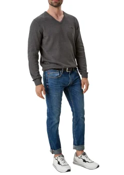 Feinstrickpullover mit V-Ausschnitt grau