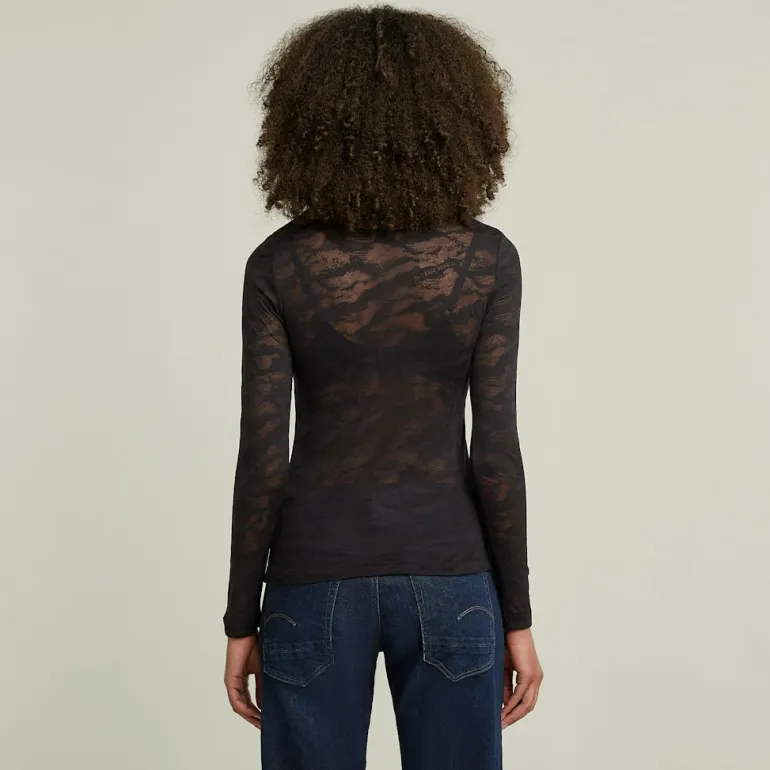 Fine lace aop slim r t wmn ls dk black lace wave