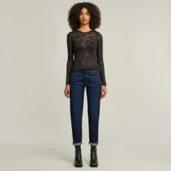 Fine lace aop slim r t wmn ls dk black lace wave