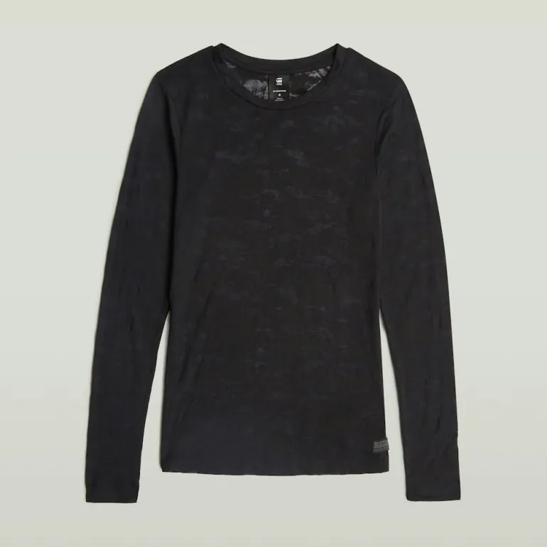 Fine lace aop slim r t wmn ls dk black lace wave