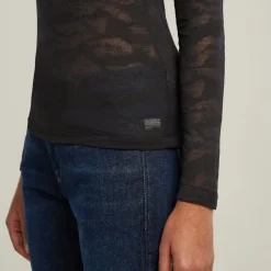 Fine lace aop slim r t wmn ls dk black lace wave