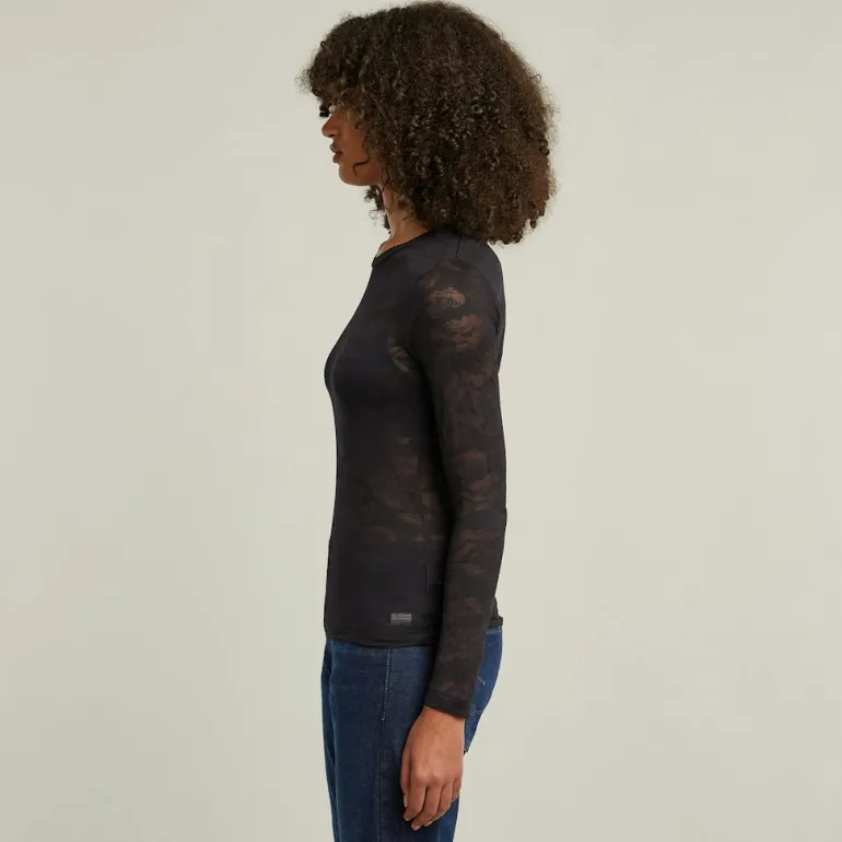 Fine lace aop slim r t wmn ls dk black lace wave