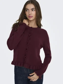JDYLETTY L/S ON FRILL CARDIGAN KNT NOOS maroon banner