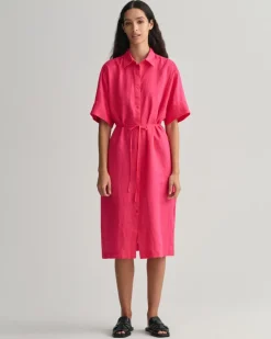 Kurzarm Hemdblusenkleid aus Leinen magenta pink
