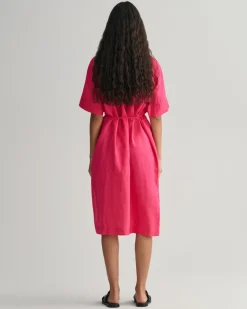 Kurzarm Hemdblusenkleid aus Leinen magenta pink