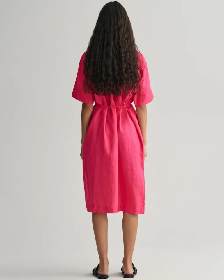 Kurzarm Hemdblusenkleid aus Leinen magenta pink
