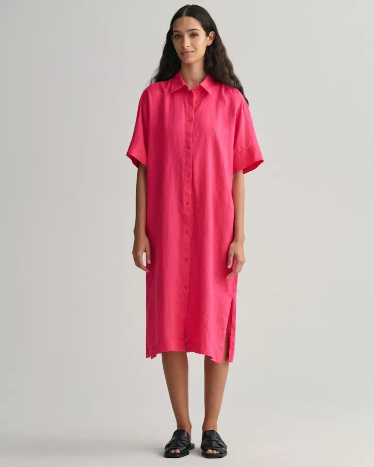 Kurzarm Hemdblusenkleid aus Leinen magenta pink