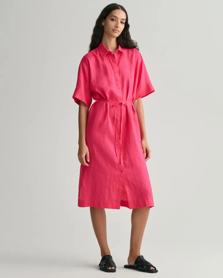 Kurzarm Hemdblusenkleid aus Leinen magenta pink