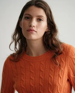 Lambswool Rundhalspullover mit Zopfmuster golden orange