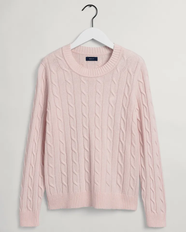 Lambswool Rundhalspullover mit Zopfmuster light pink