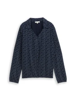 Langarmshirt mit Polokragen small blue wave print