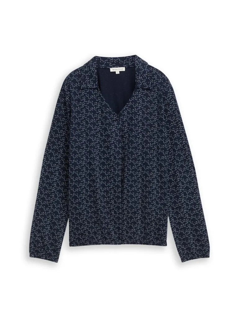 Langarmshirt mit Polokragen small blue wave print