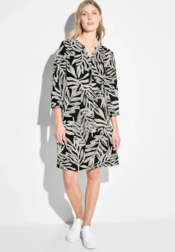 Leinenmix Print Kleid black