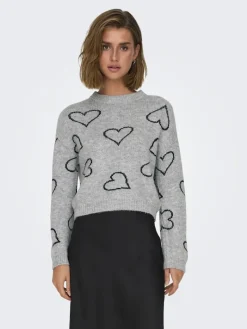 ONLHAPPIE LS HEART O-NECK KNT light grey melange