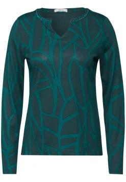 Print-Shirt mit Ziersteinen petrol green