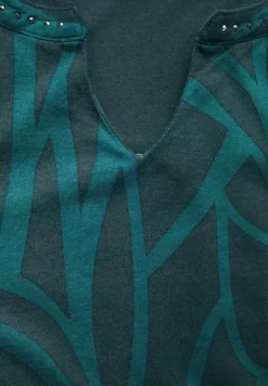 Print-Shirt mit Ziersteinen petrol green