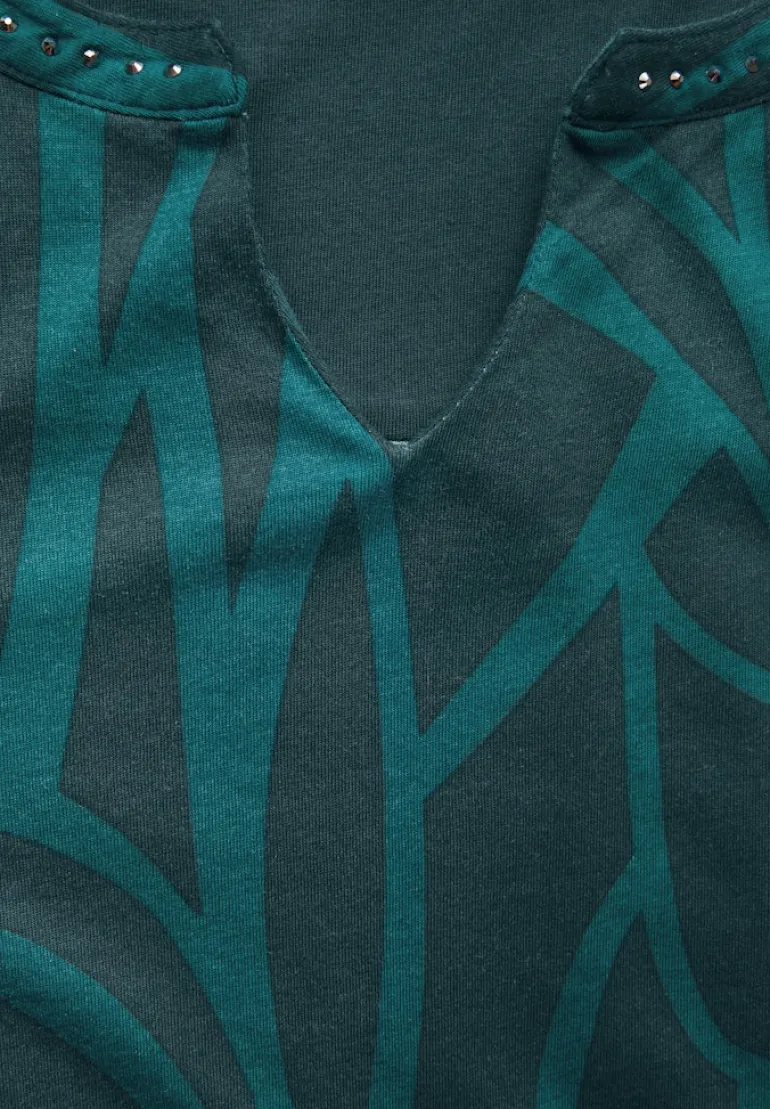 Print-Shirt mit Ziersteinen petrol green
