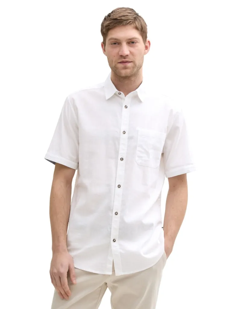 Regular Fit Kurzarmhemd mit Leinenanteil white