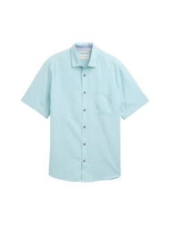 Regular Fit Kurzarmhemd mit Leinenanteil pastel turquoise chambray