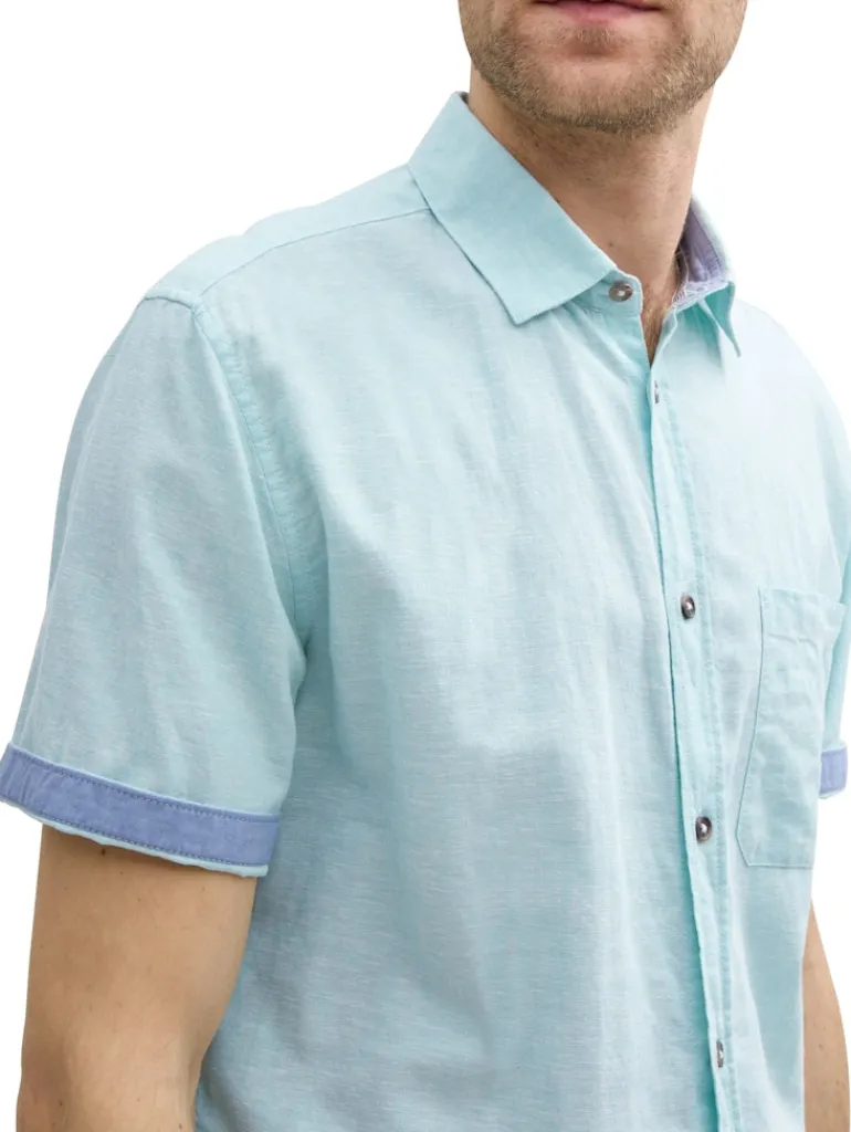 Regular Fit Kurzarmhemd mit Leinenanteil pastel turquoise chambray