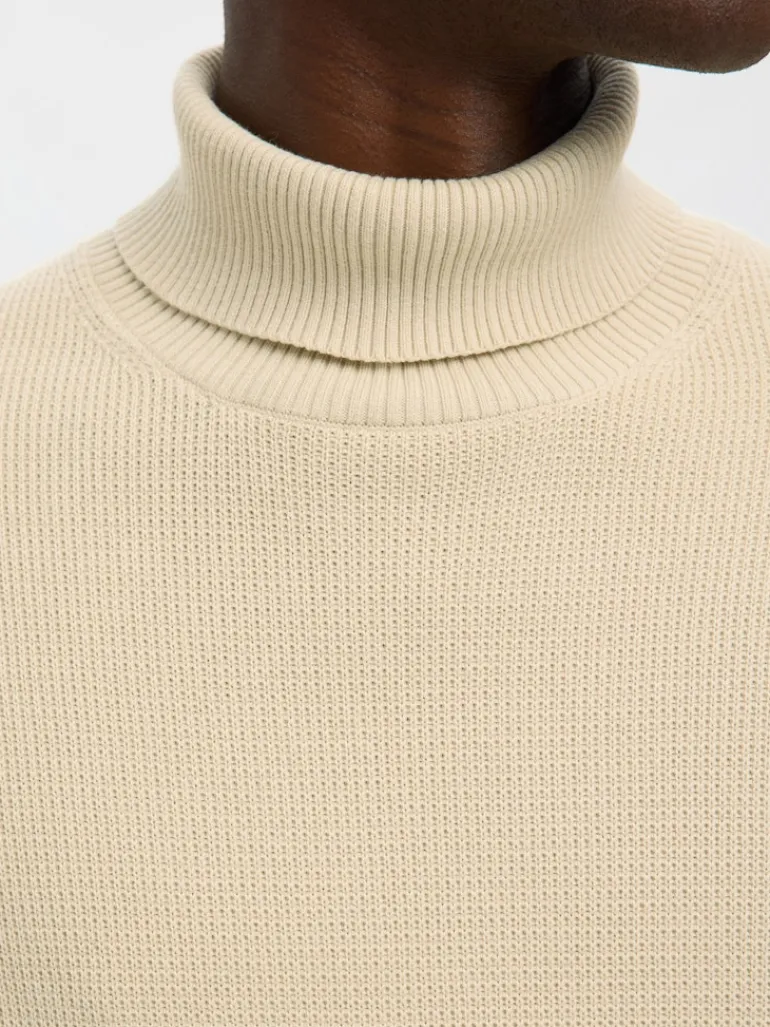 SLHDANE LS KNIT STRUCTURE ROLL NECK NOOS oatmeal