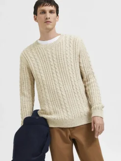 SLHHENRY LS KNIT CABLE CREW NECK W oatmeal
