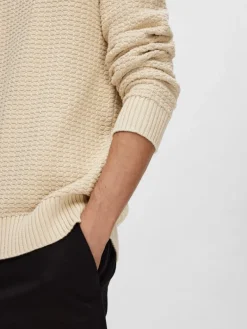 SLHTHIM LS KNIT STRUCTURE CREW NECK W oatmeal
