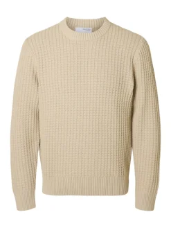 SLHTOM LS KNIT STRUCTURE CREW NECK oatmeal