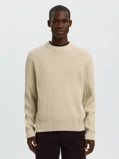 SLHTOM LS KNIT STRUCTURE CREW NECK oatmeal
