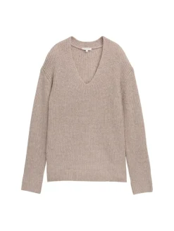 Strickpullover mit V-Ausschnitt soft taupe melange