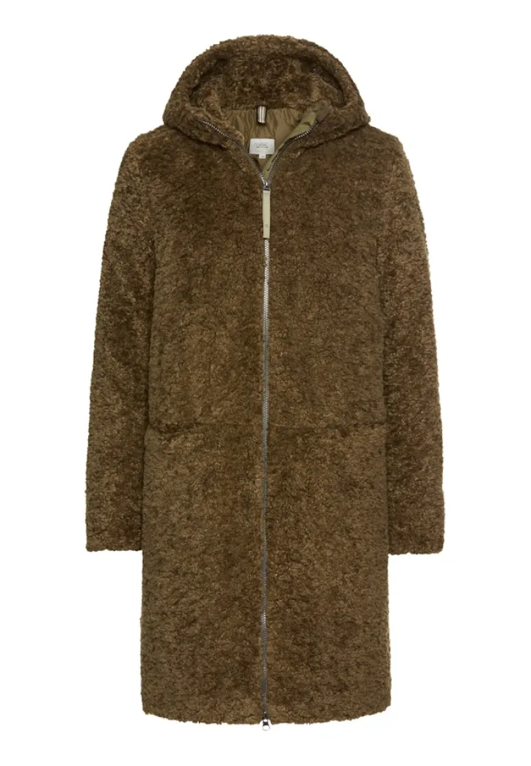 Teddy Mantel mit Kapuze dark khaki