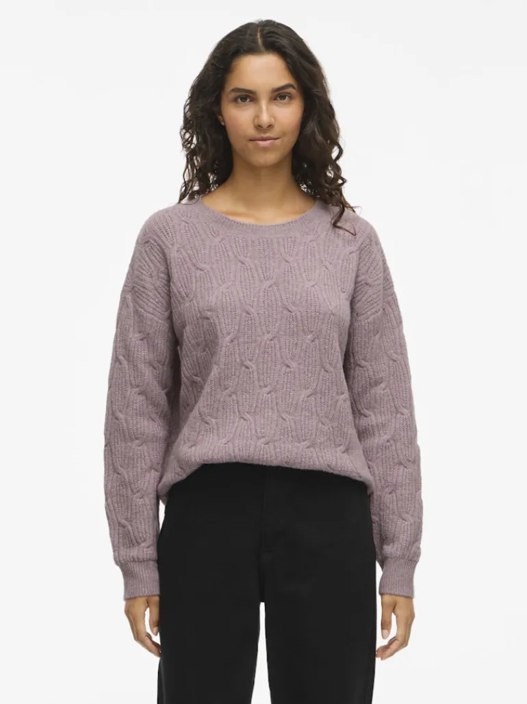 VILASSIA O-NECK L/S CABEL KNIT TOP -NOOS toadstool