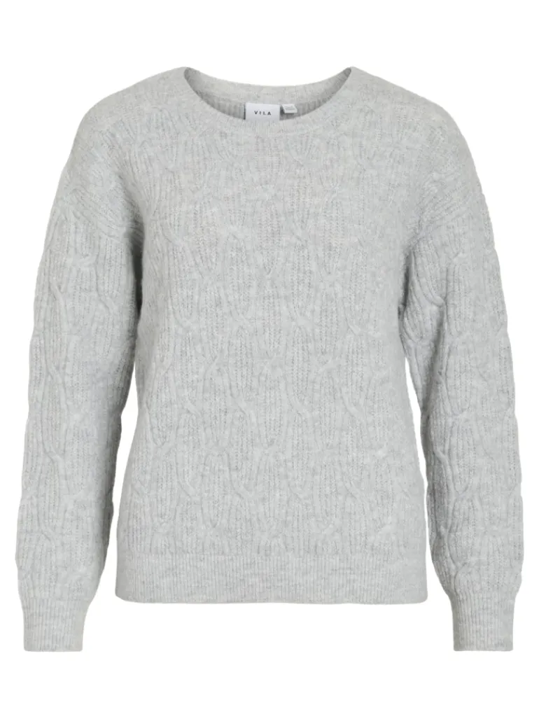 VILASSIA O-NECK L/S CABEL KNIT TOP -NOOS light grey melange