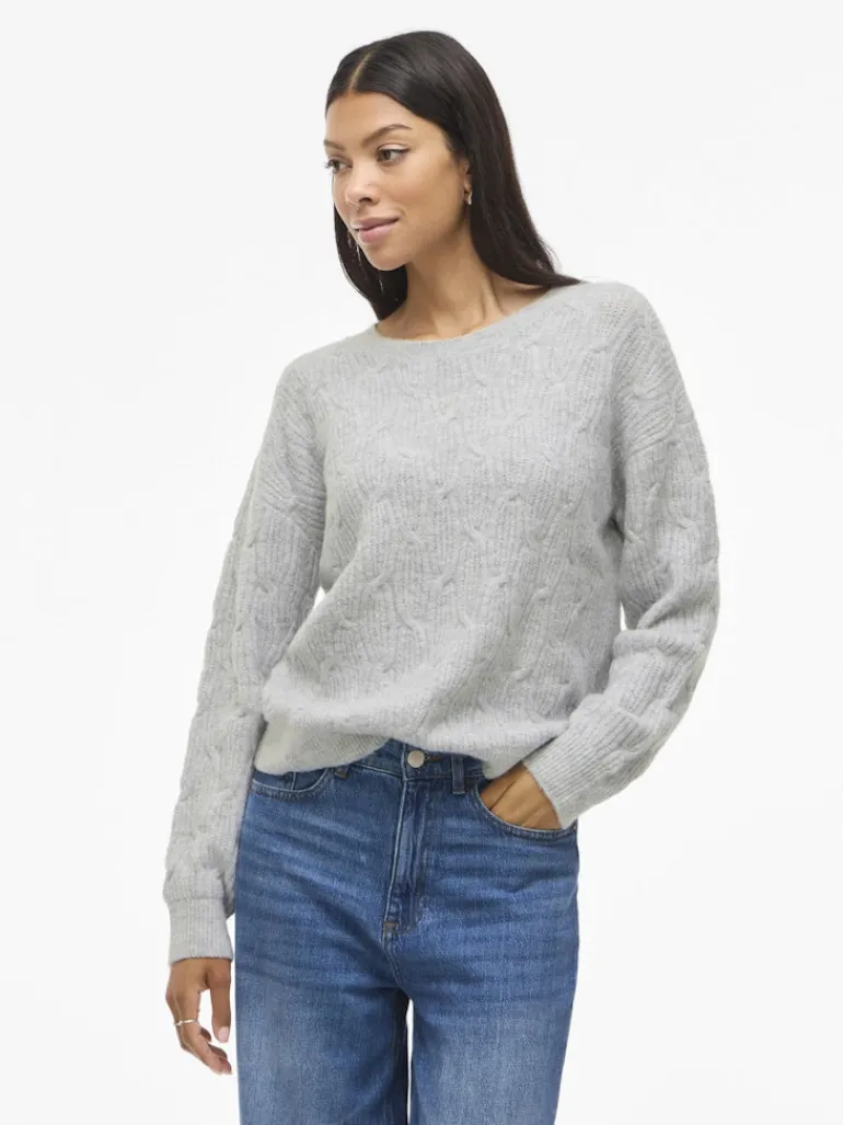 VILASSIA O-NECK L/S CABEL KNIT TOP -NOOS light grey melange