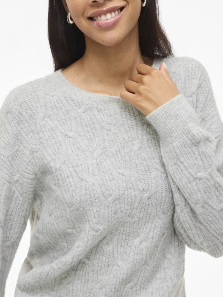 VILASSIA O-NECK L/S CABEL KNIT TOP -NOOS light grey melange