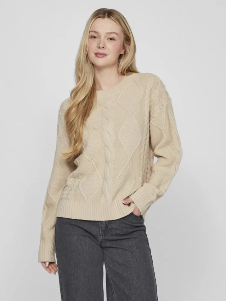 VILOU O-NECK L/S CABLE KNIT TOP - NOOS feather gray