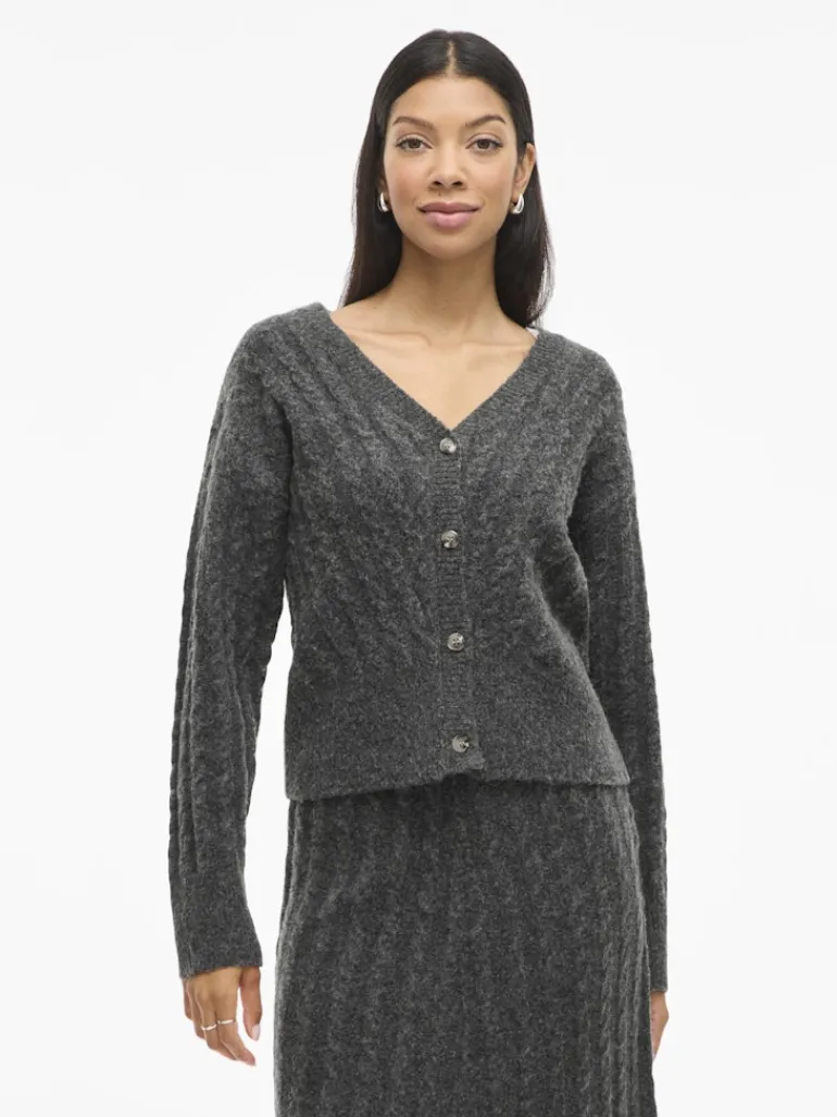 VIRELLI V-NECK L/S CABLE KNIT CARDI/BFS dark grey melange