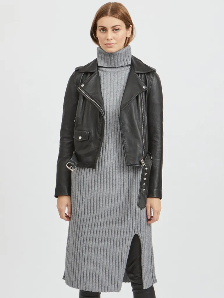 VIRIL ROLLNECK L/S SLIT KNIT DRESS/L medium grey melange