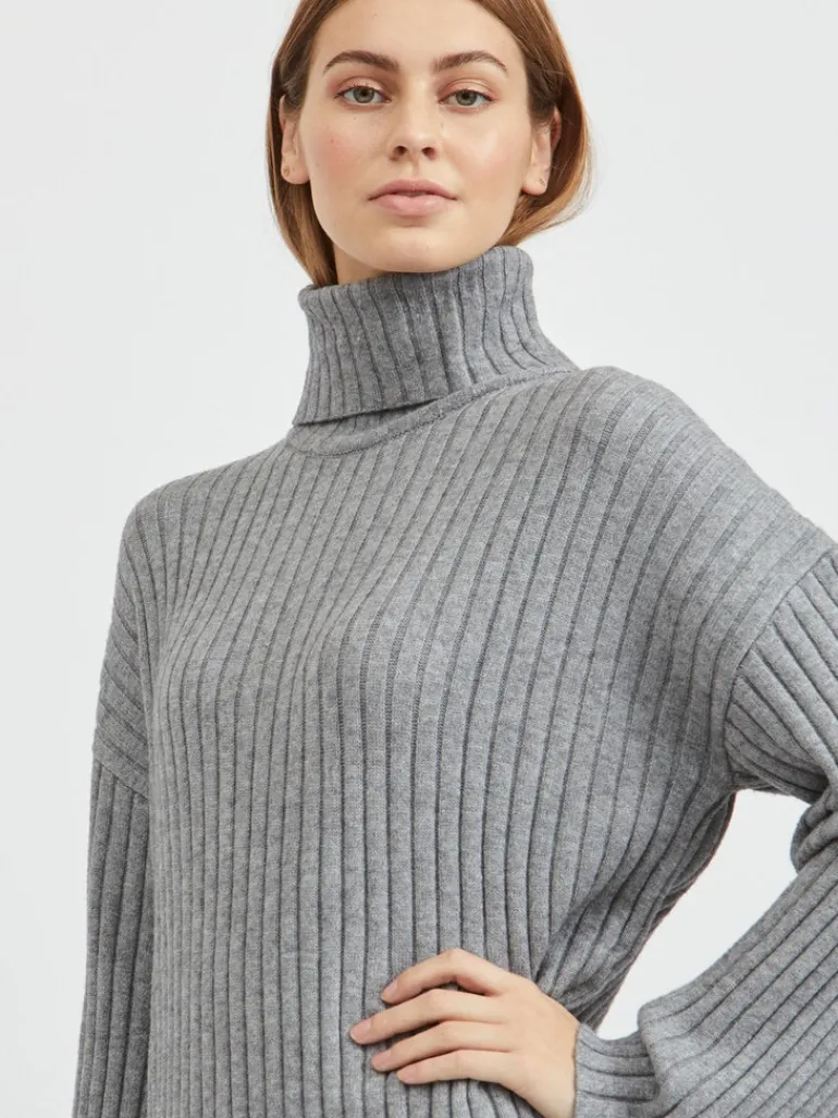 VIRIL ROLLNECK L/S SLIT KNIT DRESS/L medium grey melange