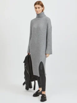 VIRIL ROLLNECK L/S SLIT KNIT DRESS/L medium grey melange