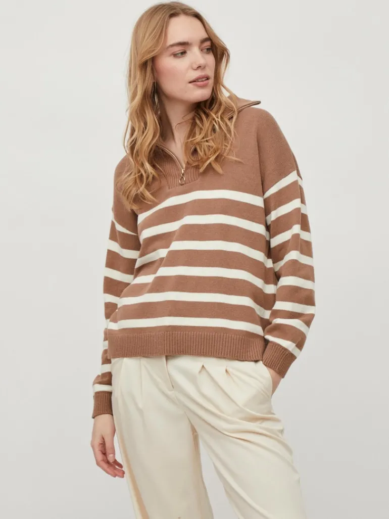 VISUZA ZIPPER L/S STRIPE KNIT TOP/LD portabella